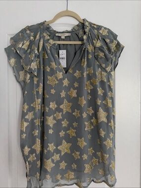 LOFT Gray Blouse with Gold Star Glitter